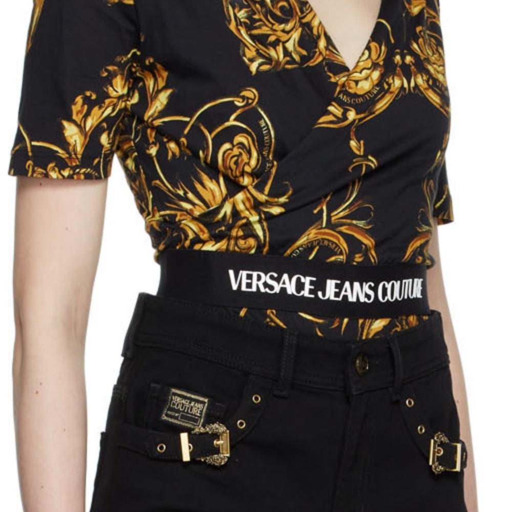 NWT Versace Jeans Couture Black Garland Wrap Bodysuit | 42 IT